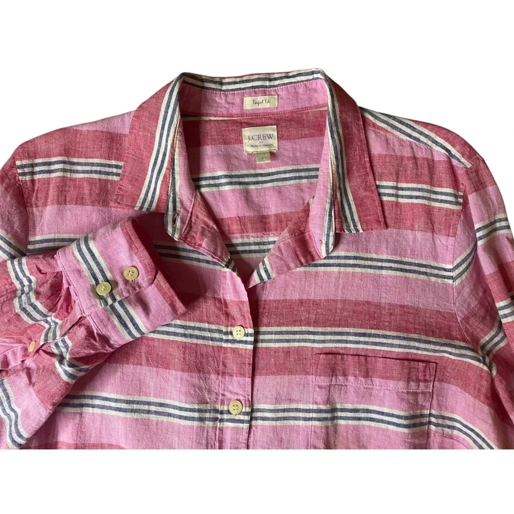 J Crew Linen Blouse Striped Button Down Shirt Women Size Large Pink